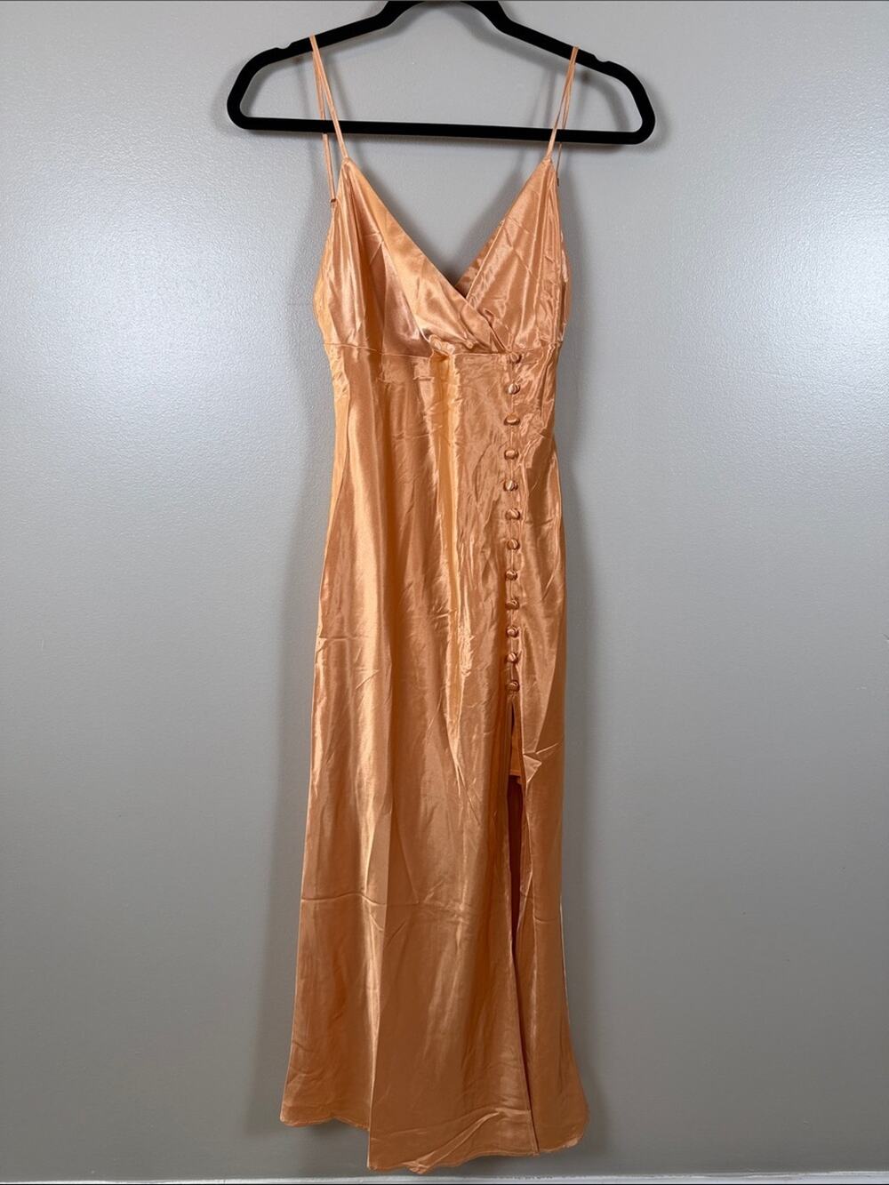 Hello Molly Small Satin V-Neck Spaghetti-Strap Dress in Peachy Orange